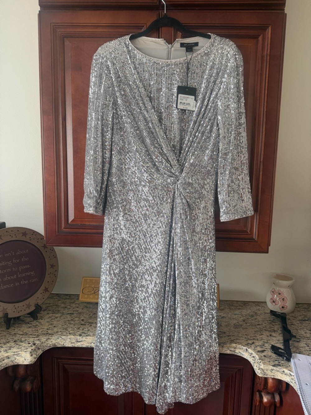 St. John Silver Sequin Twist-Front Long Sleeve Dress